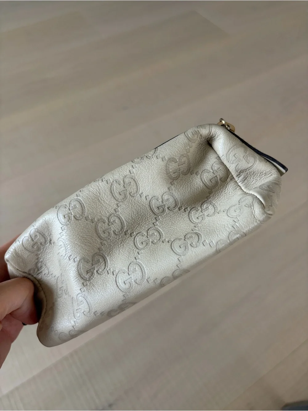 Gucci Guccissima Ivory Leather Zip Cosmetic Pouch with Heart Charm